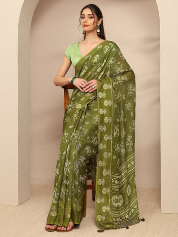 Green Floral Printed Silk Blend Saree With Unstitched Blouse Piece