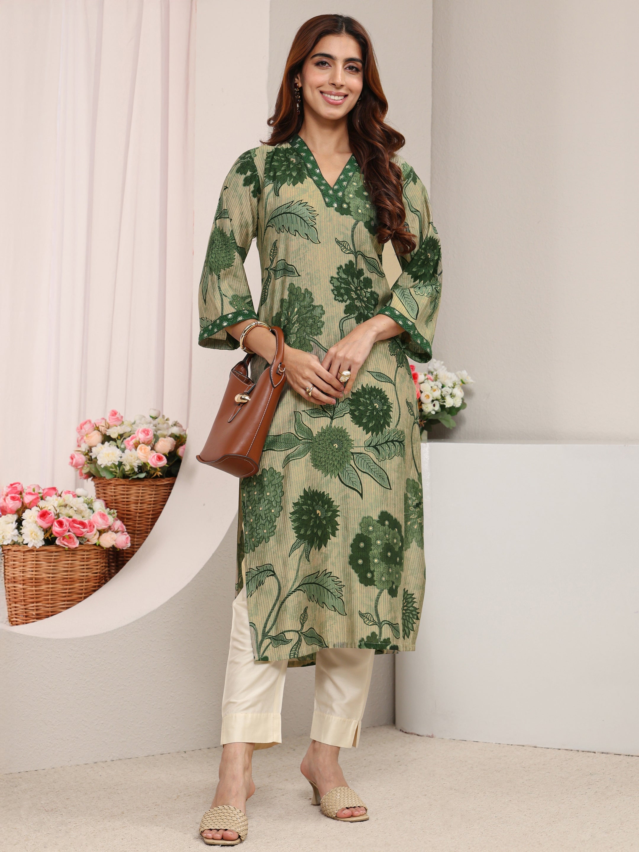 Libas Green Floral Printed Silk Blend Straight Kurta-picture-24
