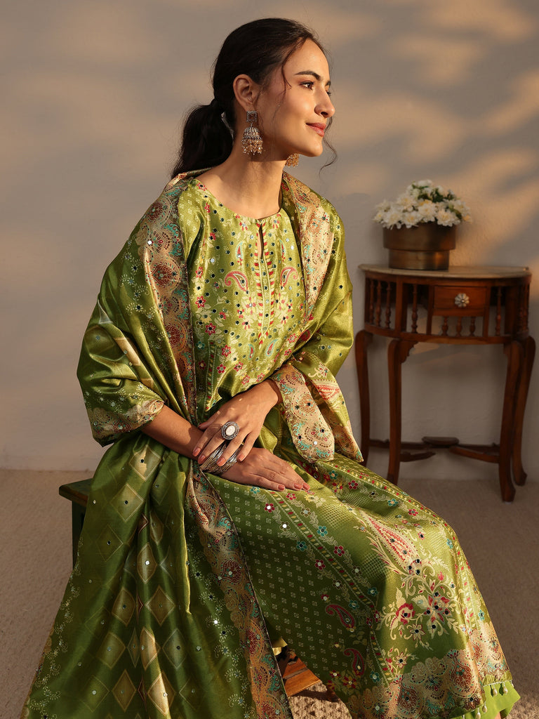 Libas Green Floral Printed Silk Blend Straight Suit Set With Dupatta