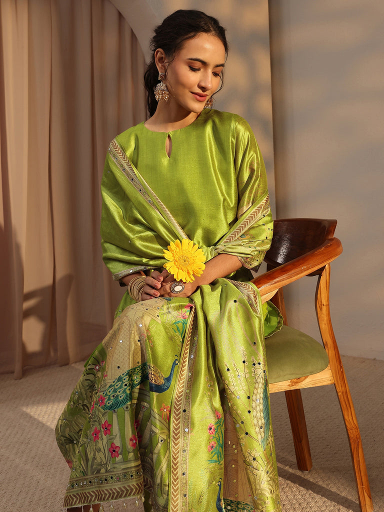Libas Green Floral Printed Silk Blend Straight Suit Set With Dupatta