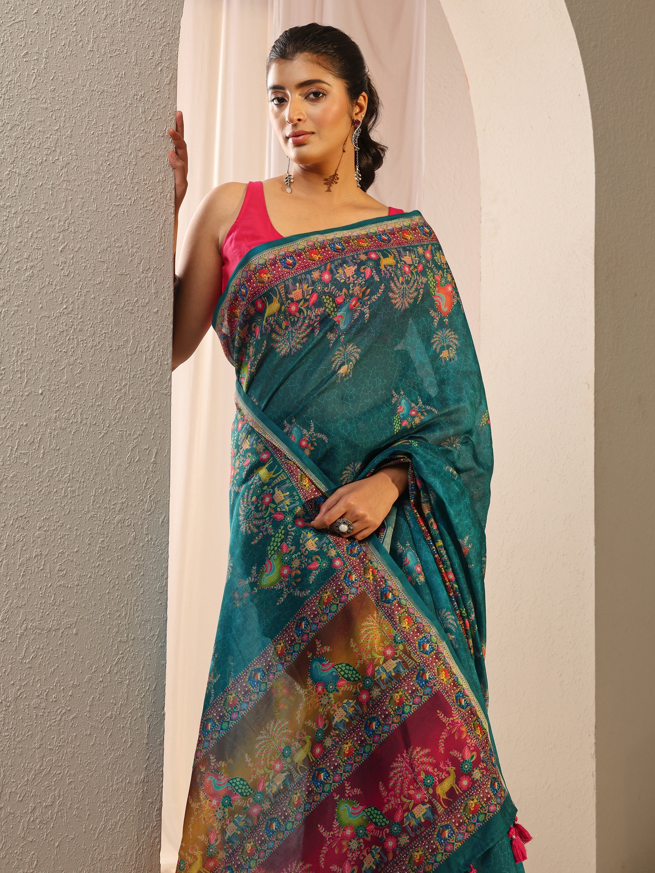 libas Green Floral Printed Silk Blend Tassel Saree With Unstitched Blouse Piece-picture-21