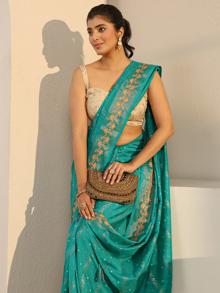 Libas Green Floral Printed Silk Blend Tassel Saree With Unstitched Blouse Piece