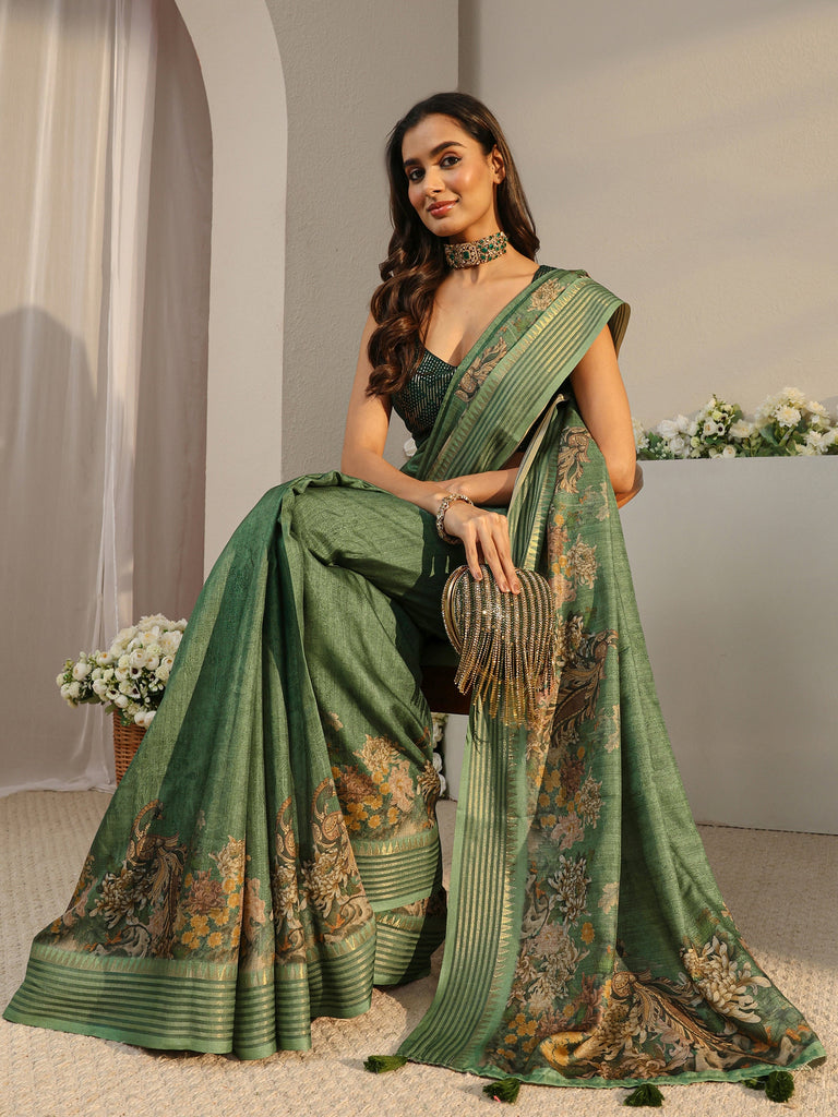 Libas Green Floral Silk Blend Saree With Unstitched Blouse Piece