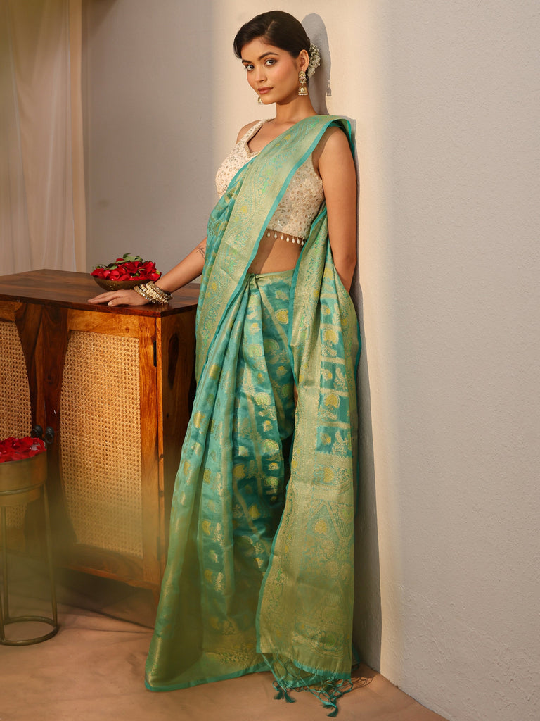 Libas Green Floral Woven Design Silk Blend Saree