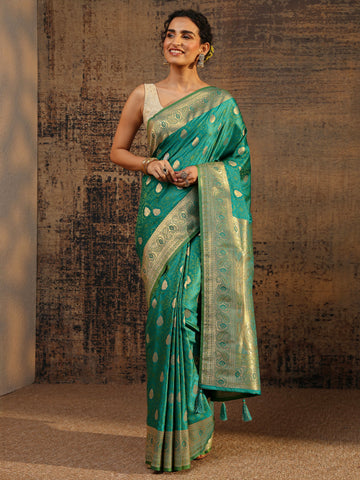 Green Floral Woven Design Silk Blend Saree With Unstitched Blouse Piece