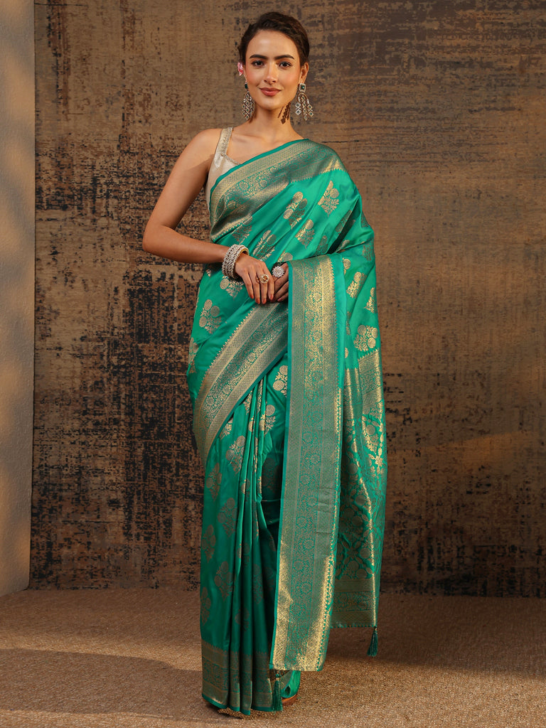 Libas Green Floral Woven Design Silk Blend Saree With Unstitched Blouse Piece