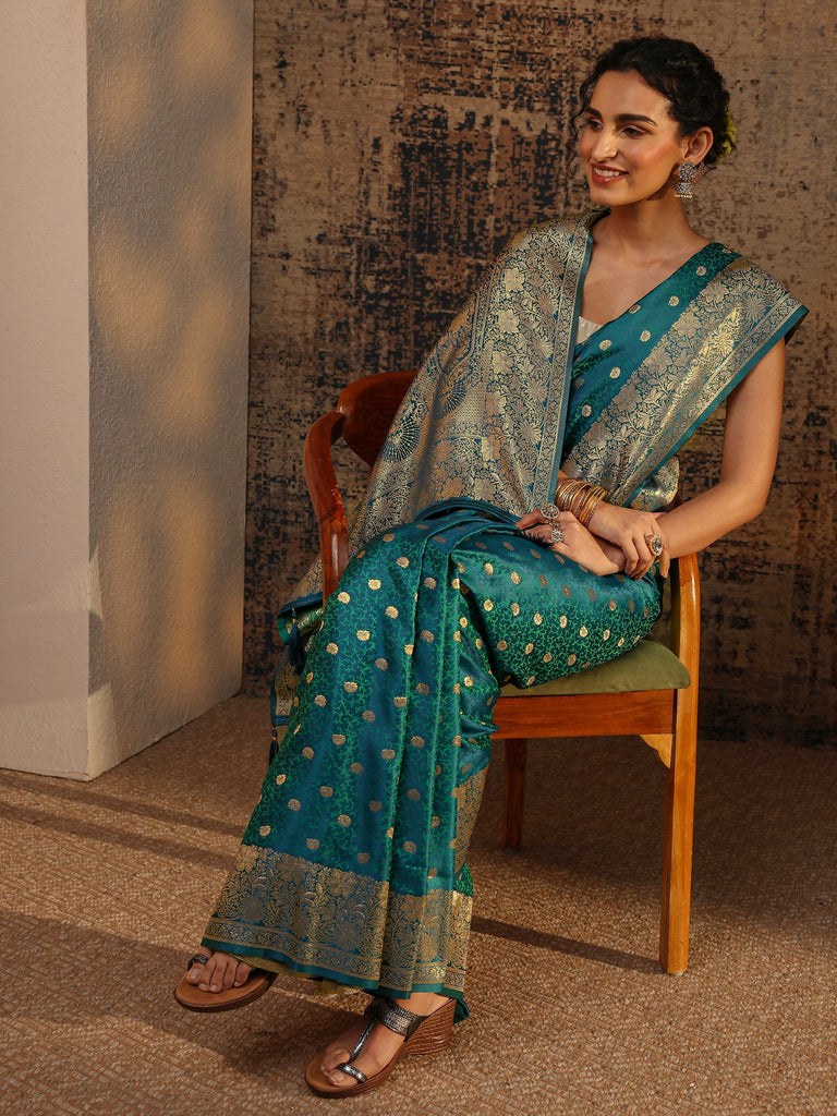 Libas Green Floral Woven Design Silk Blend Saree With Unstitched Blouse Piece