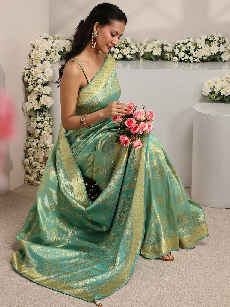 Libas Green Floral Woven Design Silk Blend Saree With Unstitched Blouse Piece