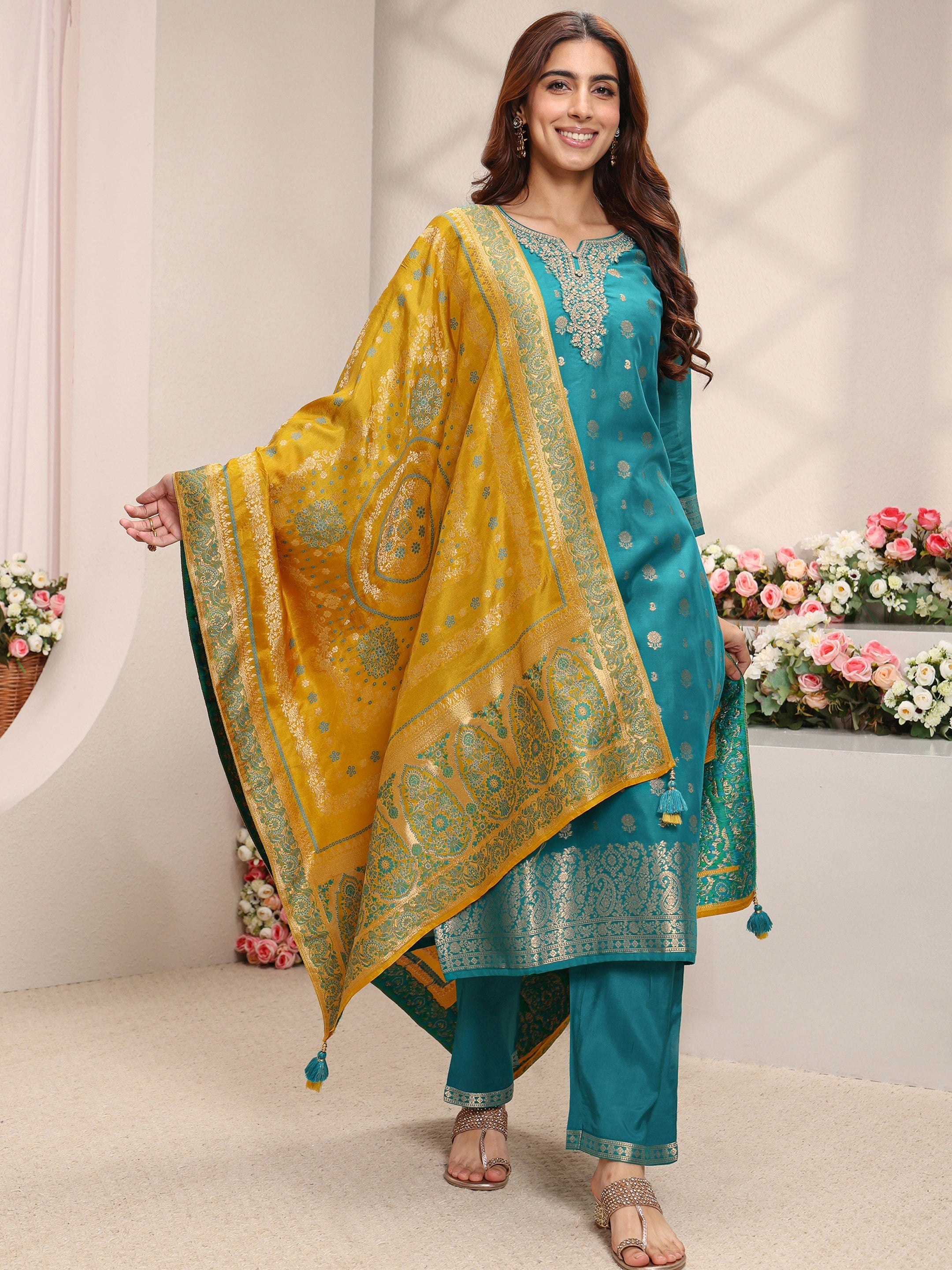 Green Floral Woven Design Silk Blend Straight Suit Set With Dupatta-image-32