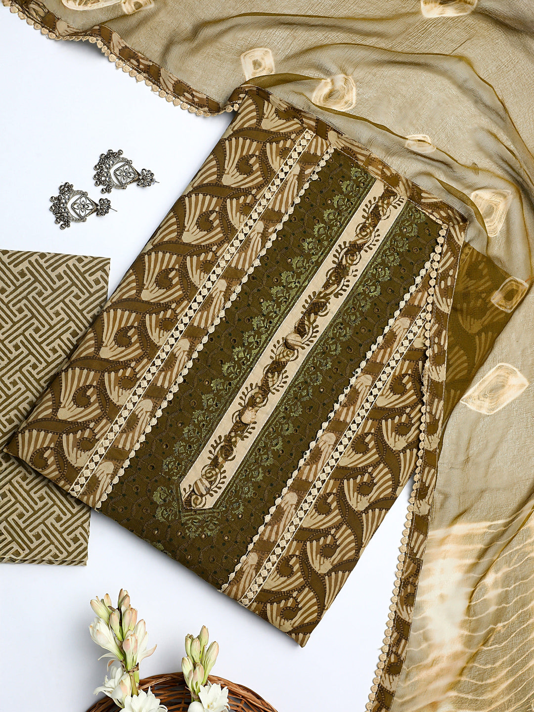 Green Geometric Printed Cotton Dress Material With Dupatta