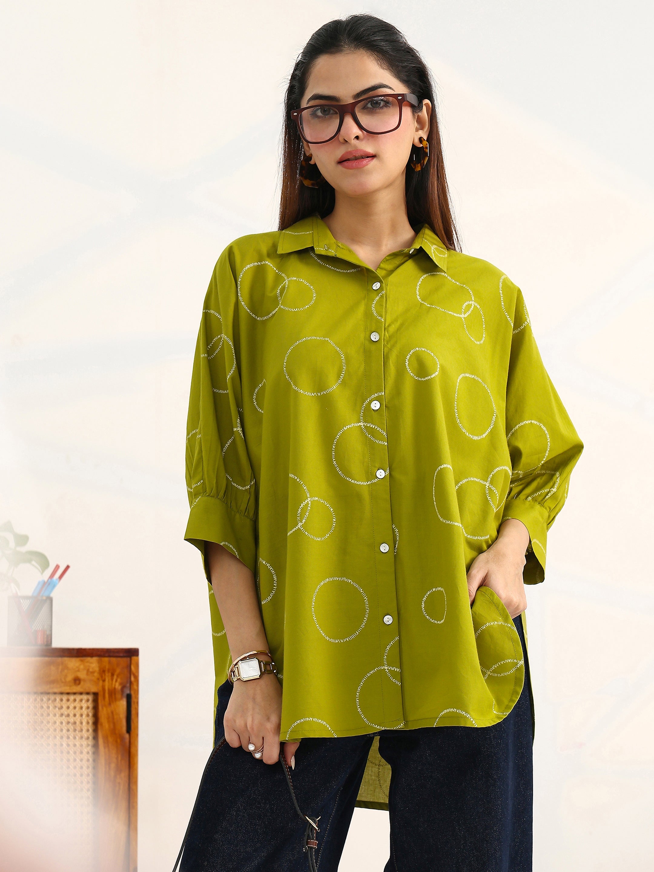 Green Geometric Printed Cotton Shirt-image-12