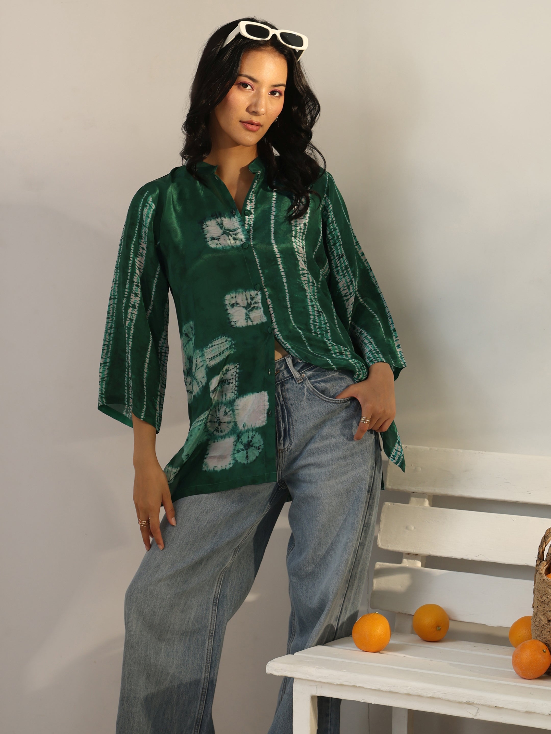 Libas Green Geometric Printed Crepe Shirt-image-16