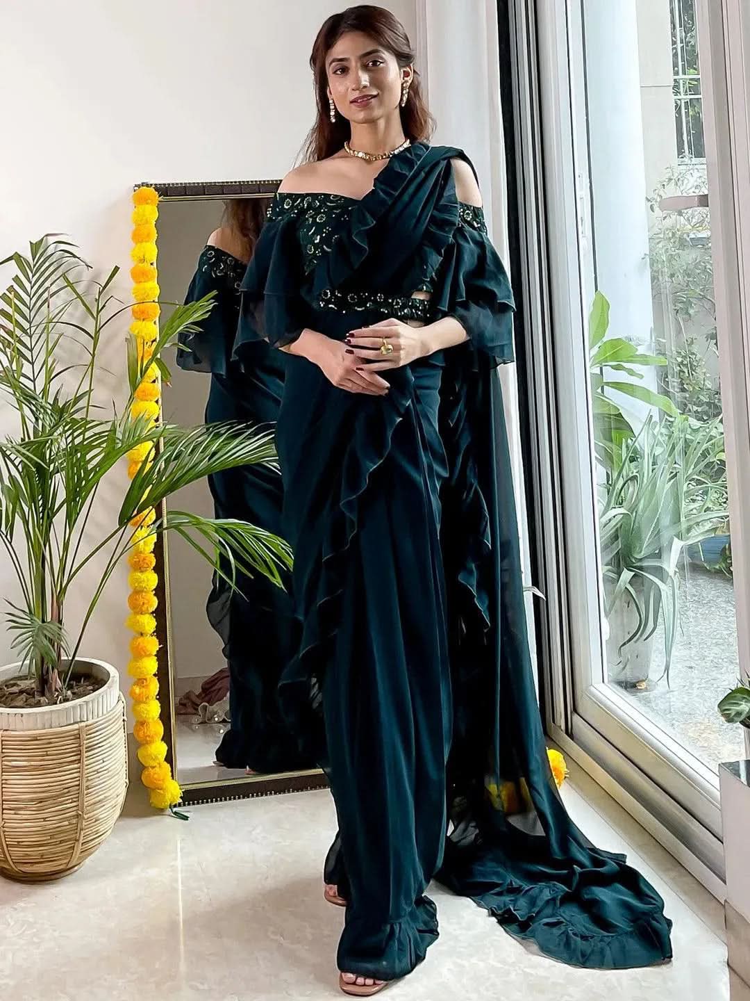 

Green Georgette Ruffle Saree With Belt