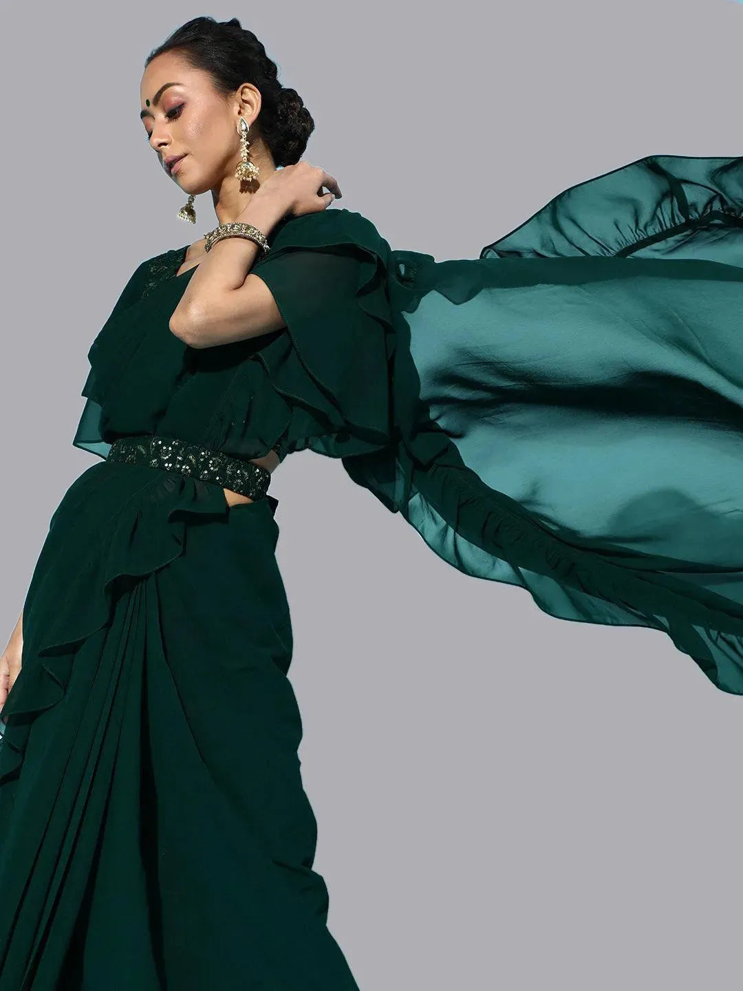 

Green Georgette Ruffle Saree With Belt