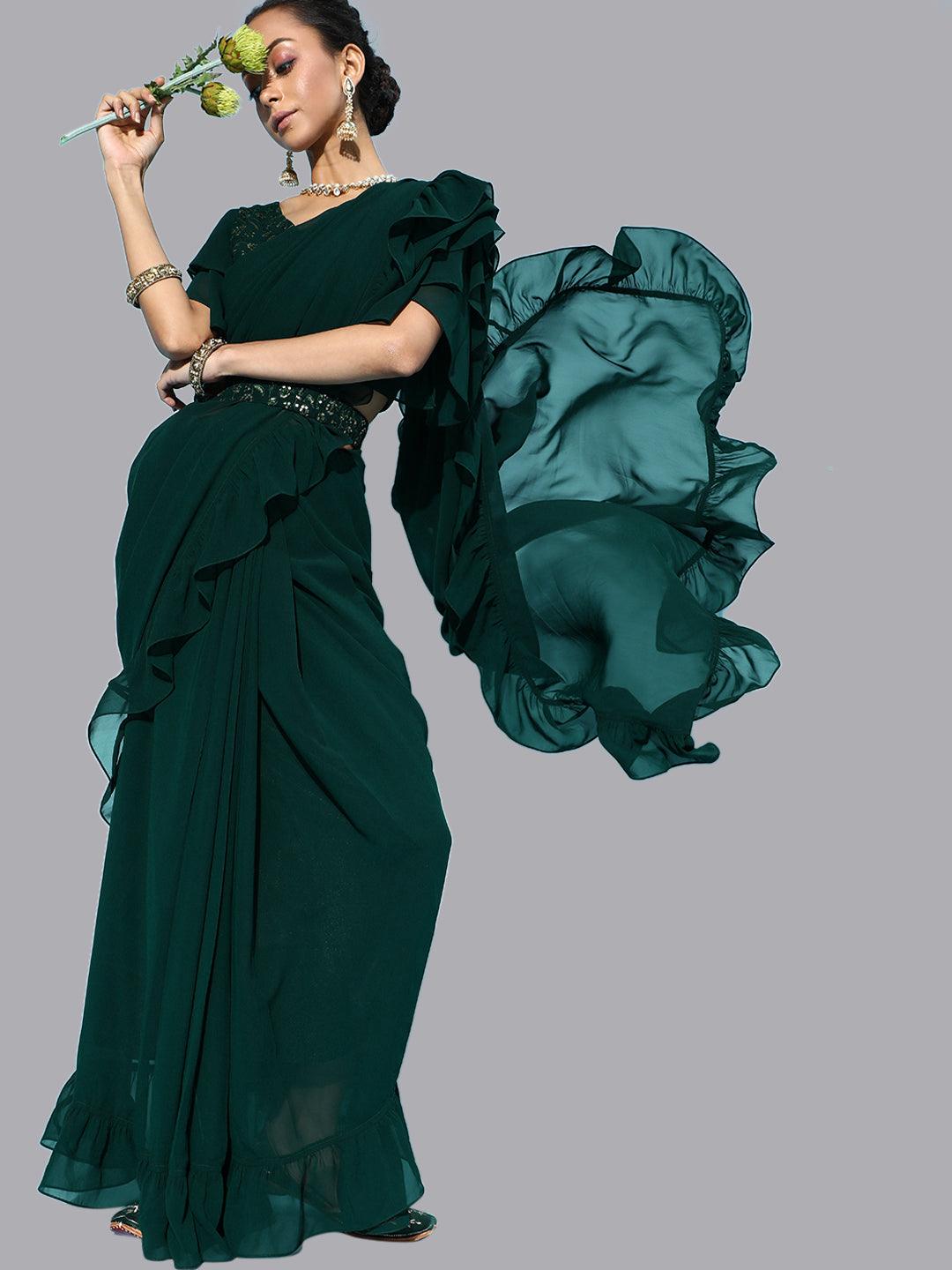 Green Georgette Ruffle Saree With Belt - Libas