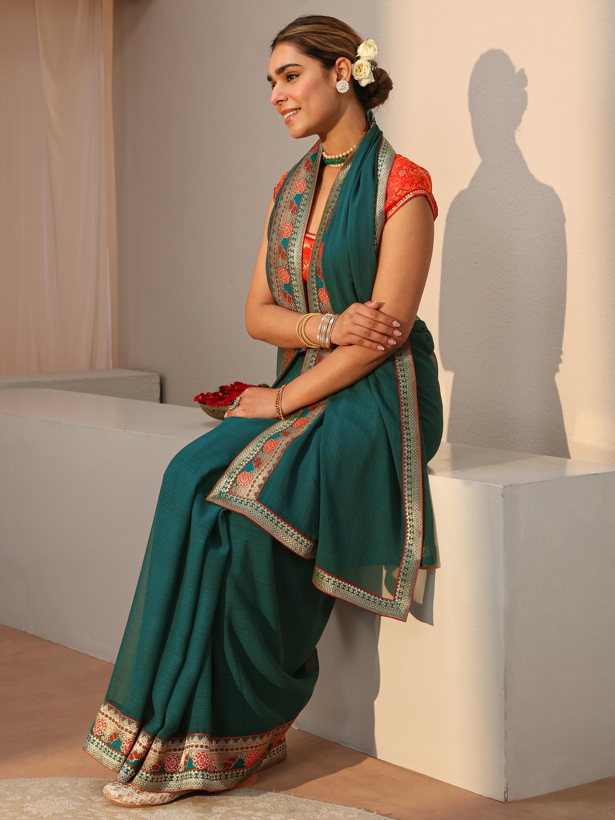 Green Georgette Saree With Floral Border-image-17