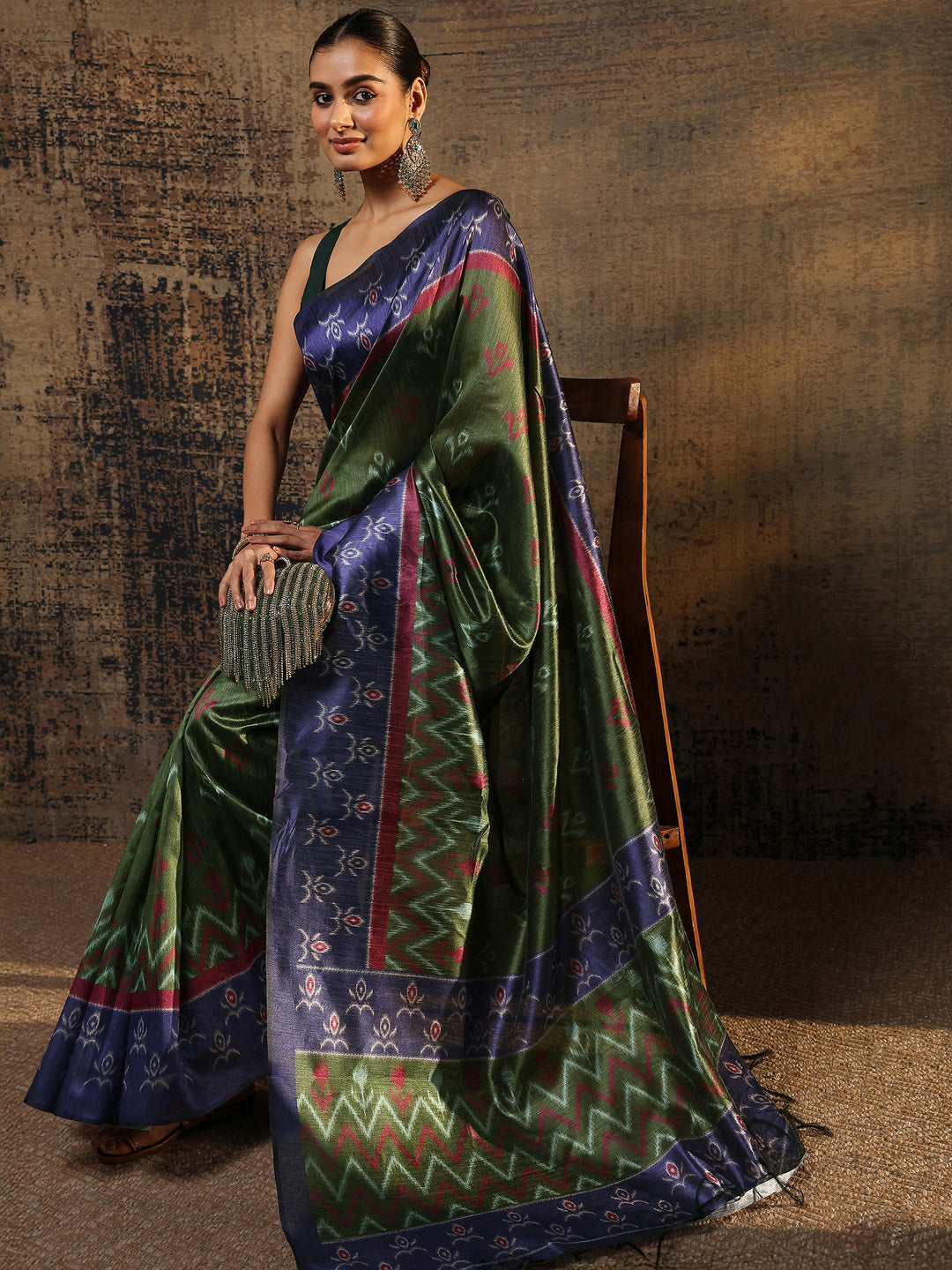  Green Ikat Printed Silk Saree With Unstitched Blouse Piece 