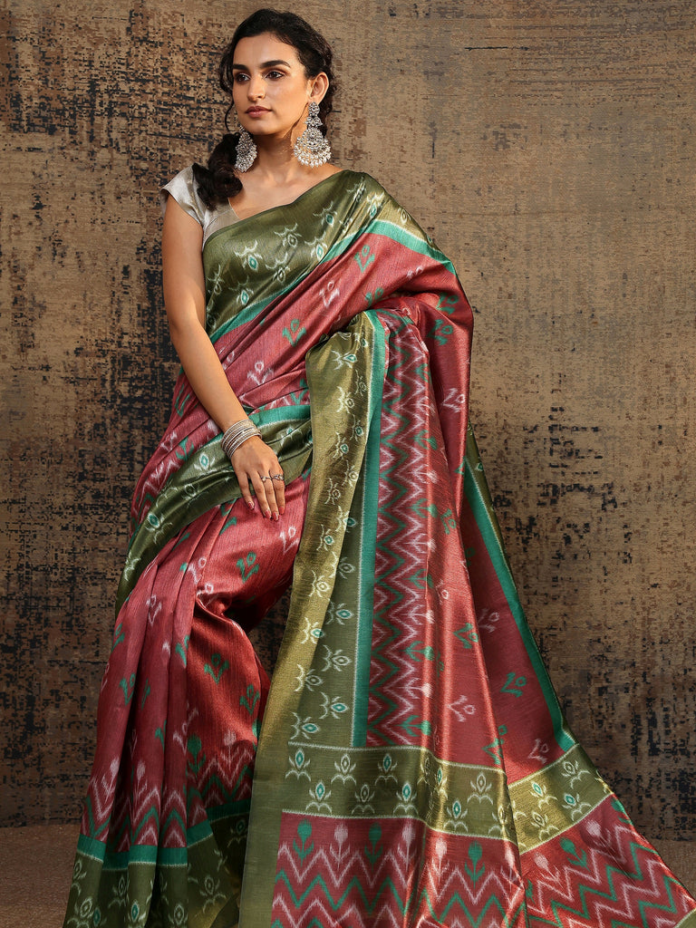 Libas Green Ikat Printed Silk Saree With Unstitched Blouse Piece