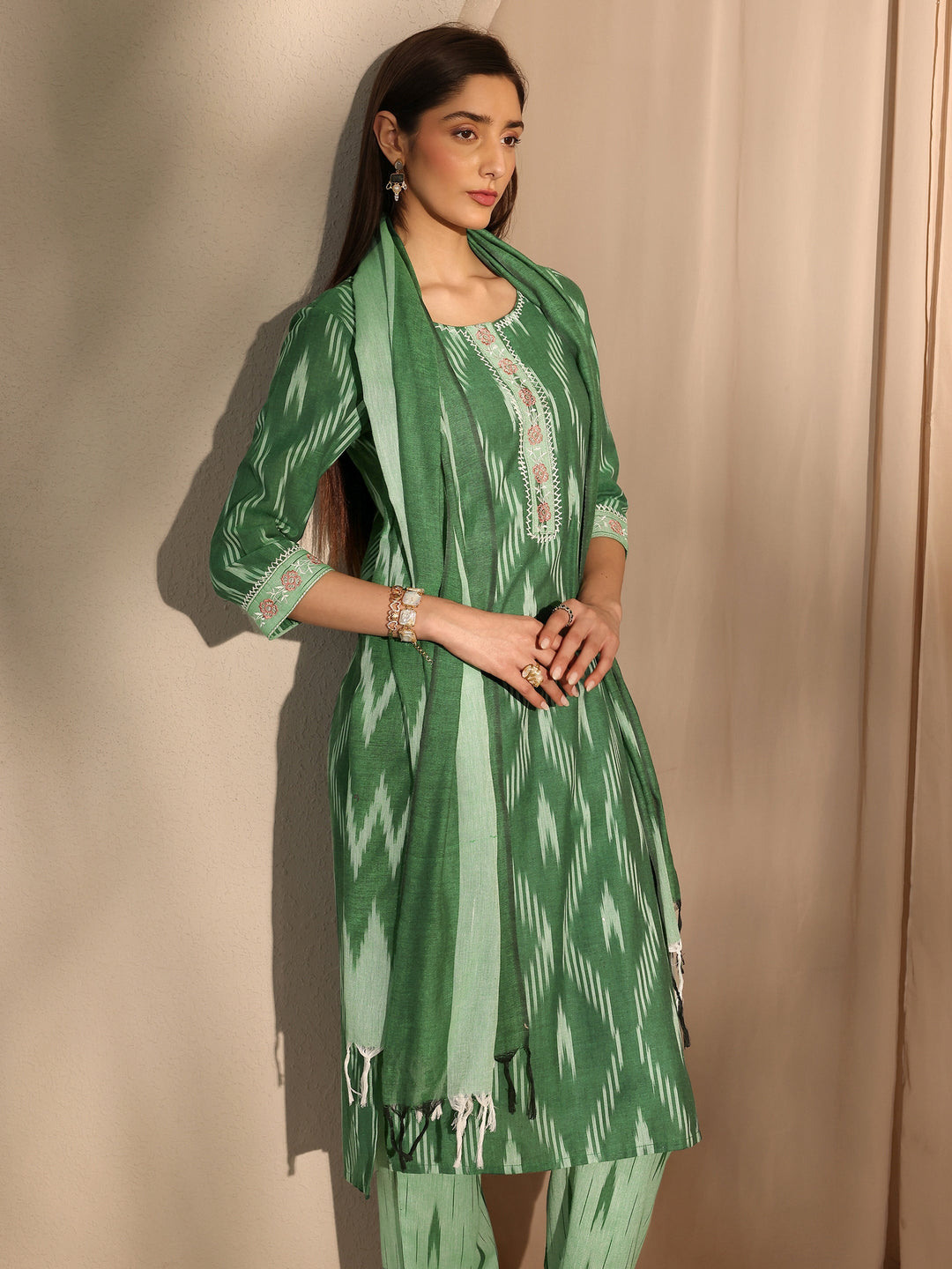 Green Ikkat Printed Cotton Straight Suit Set With Dupatta