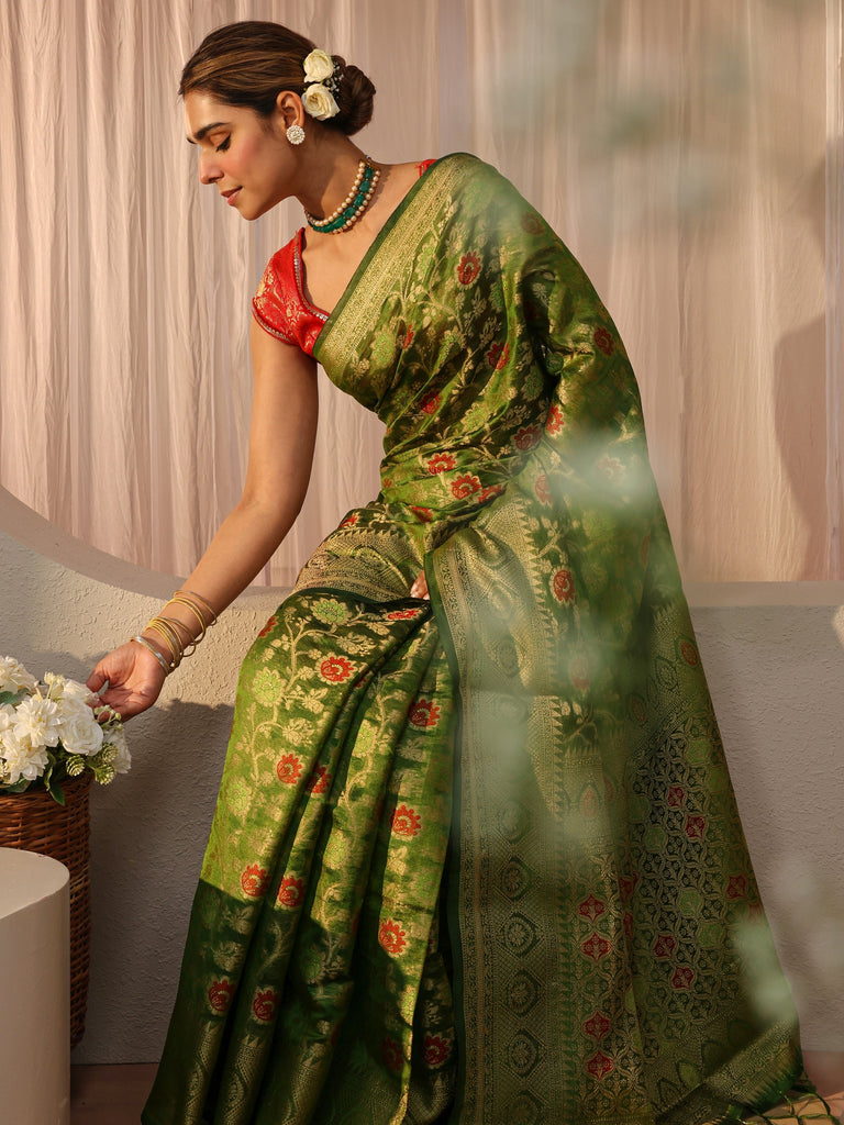 Libas Green Jacquard Woven Design Silk Blend Saree