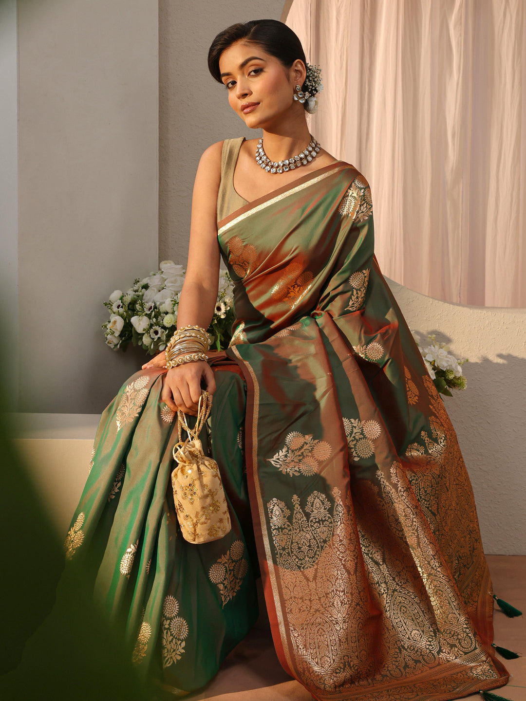 Green Kanjeevaram Silk Blend Saree