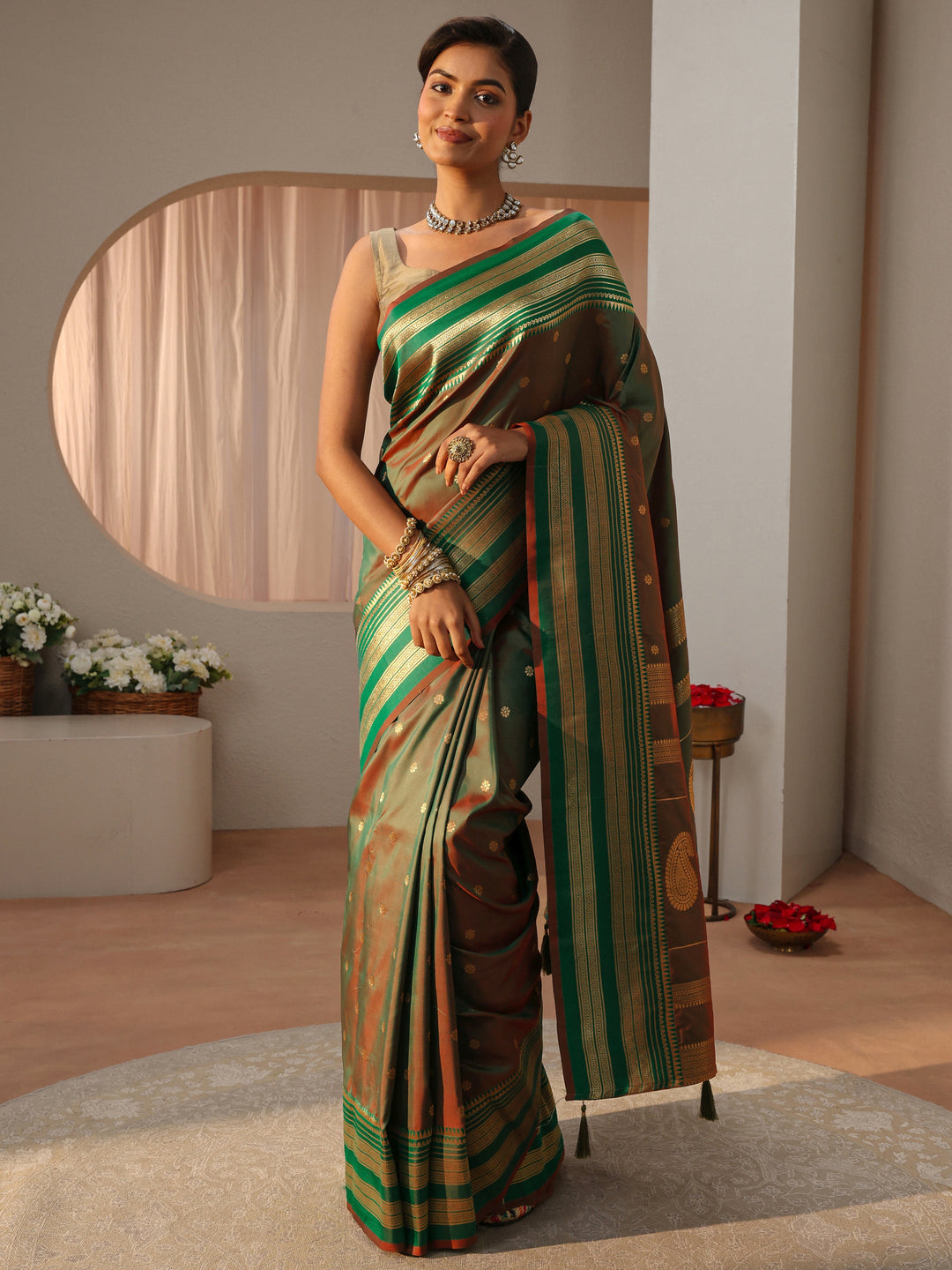  Green Kanjeevaram Silk Blend Saree 