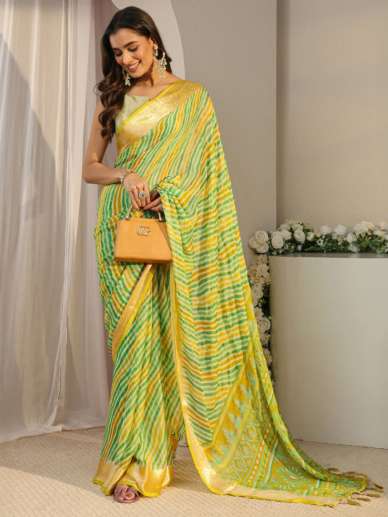 Libas Green Leheriya Printed Chiffon Saree With Unstitched Blouse Piece