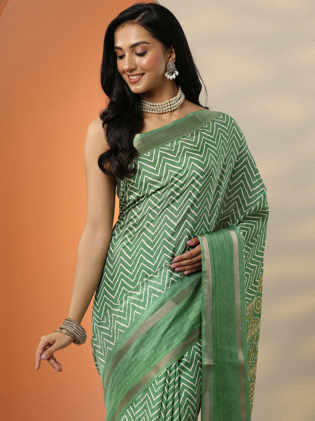  Green Leheriya Printed Silk Blend Saree With Unstitched Blouse Piece 