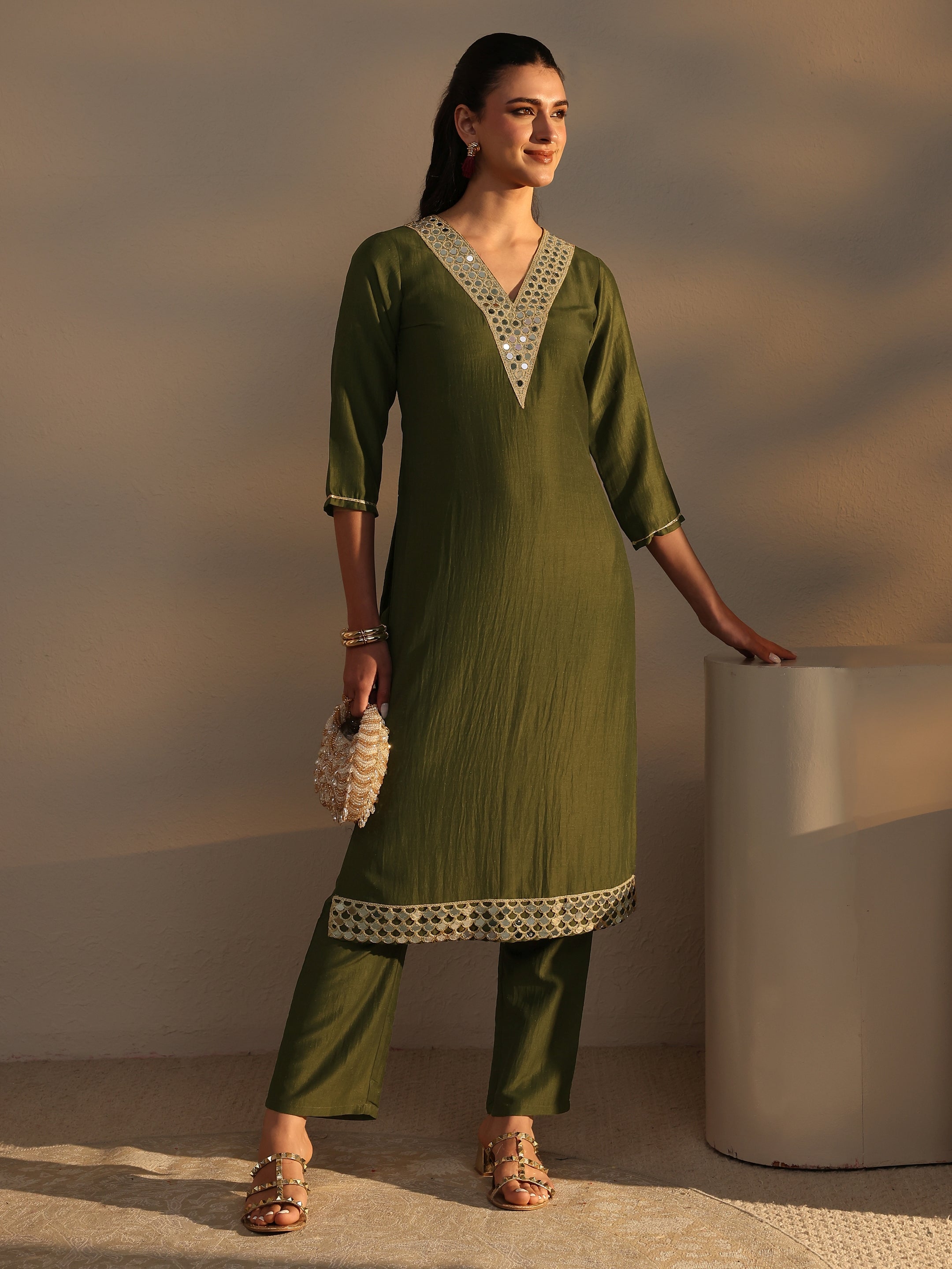 libas Green Mirror Work Yoke Design Silk Blend Straight Kurta Set-picture-36