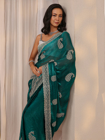 Green Paisley Embellished Tissue Saree With Unstitched Blouse Piece