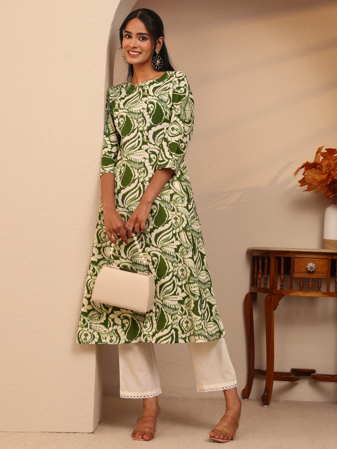  Green Paisley Printed Cotton Blend A-Line Kurta 