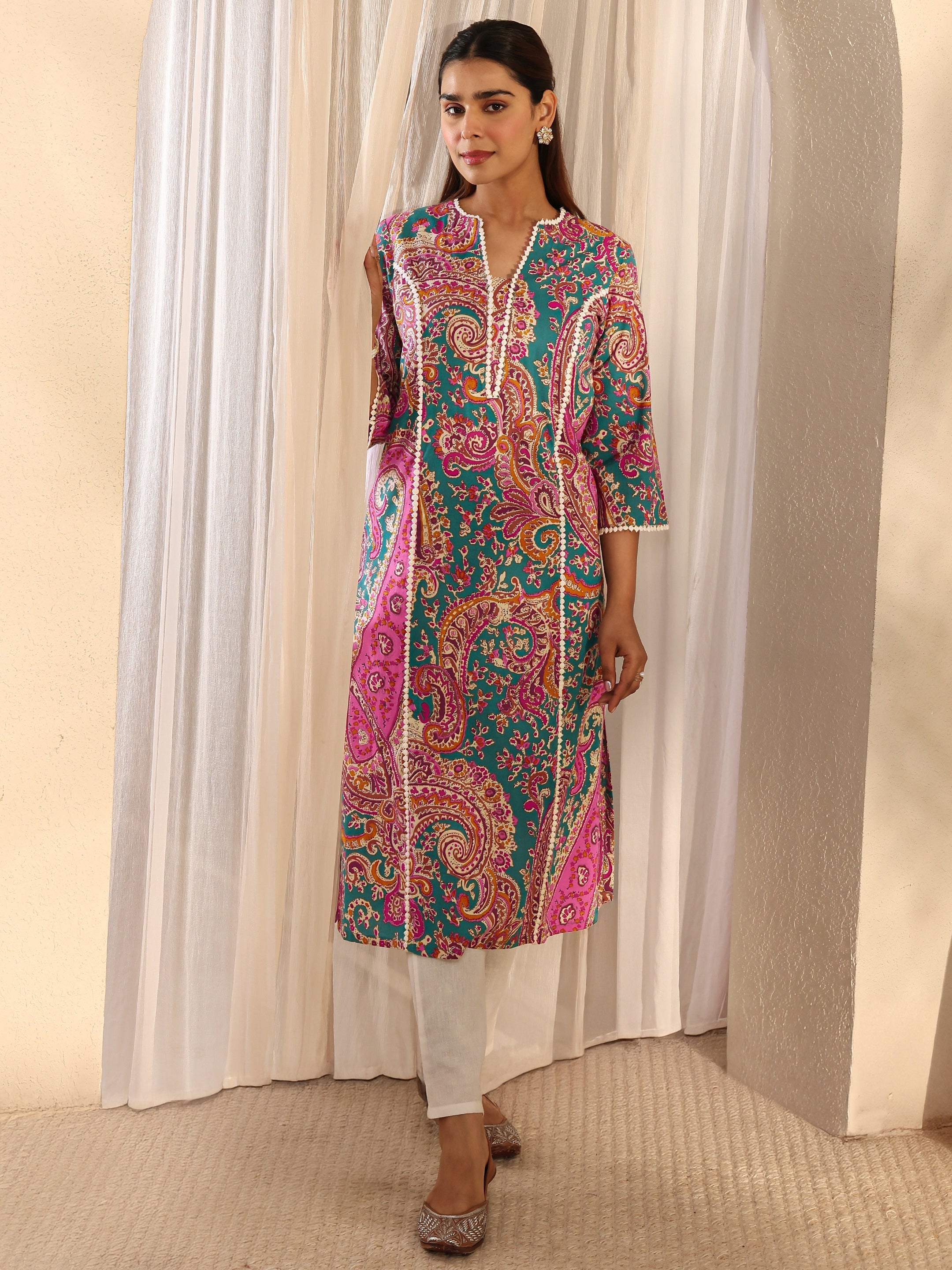 libas Green Paisley Printed Cotton Straight Kurta-picture-28