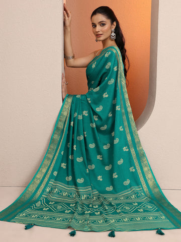 Green Paisley Printed Silk Blend Saree With Unstitched Blouse Piece