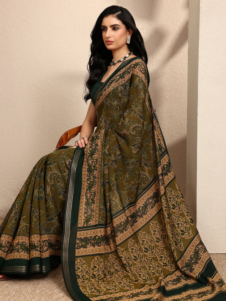 Libas Green Paisley Printed Silk Blend Saree With Unstitched Blouse Piece