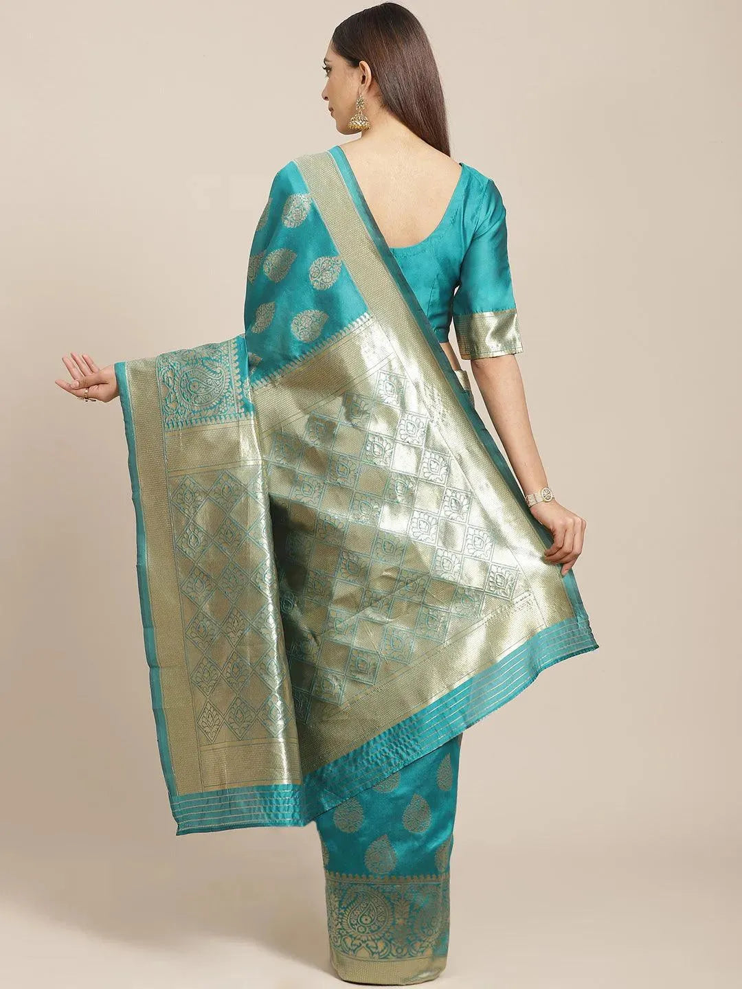 Green Printed Brocade Saree - Libas 