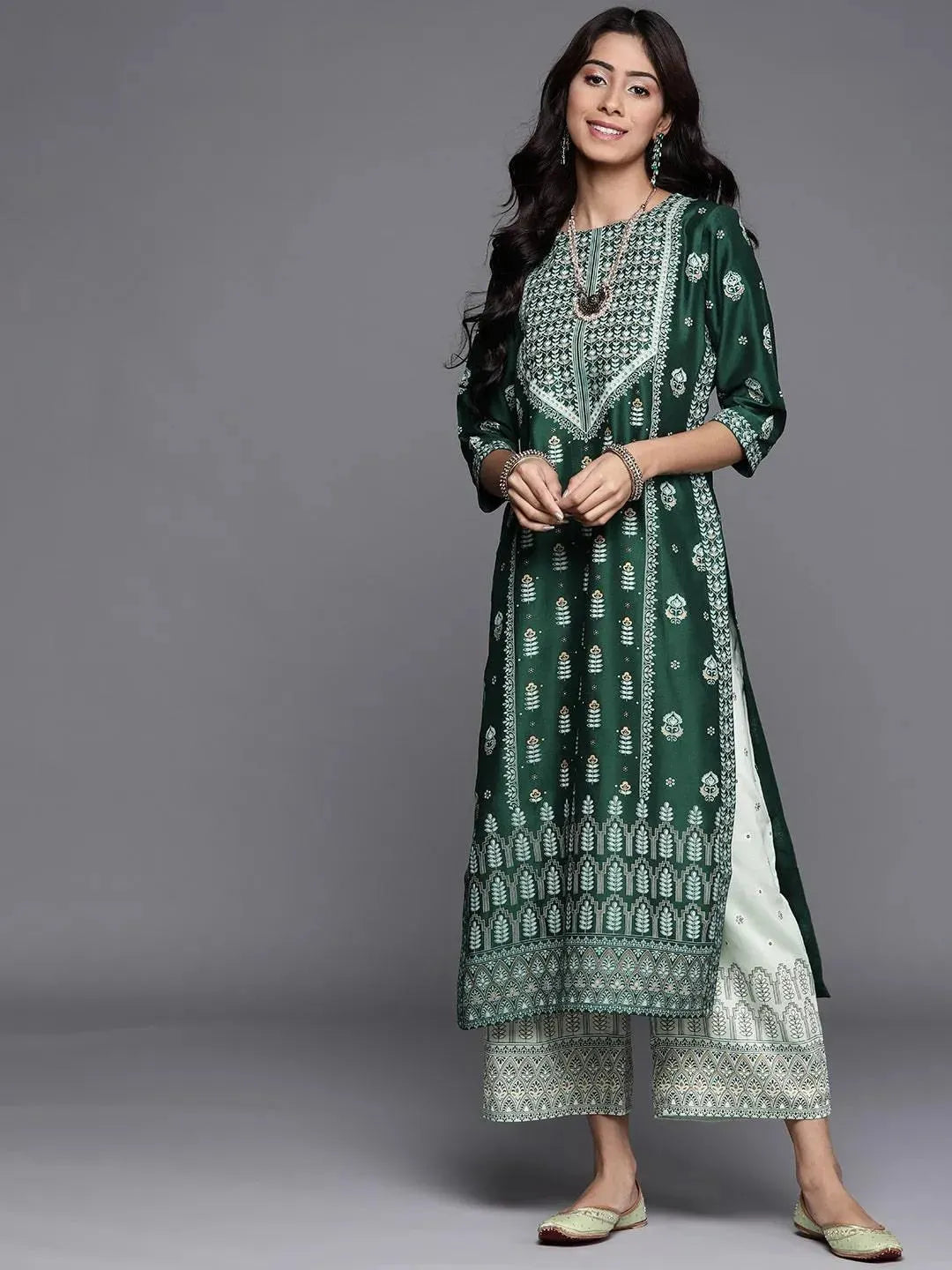 Green Printed Chanderi Silk Kurta - Libas