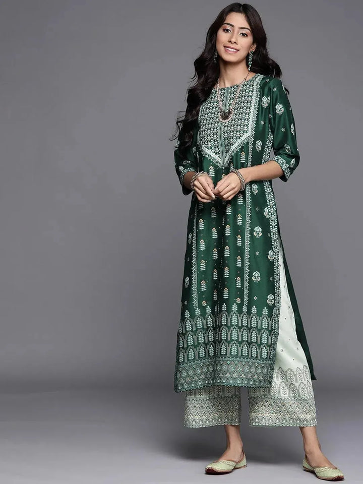 Green Printed Chanderi Silk Kurta - Libas
