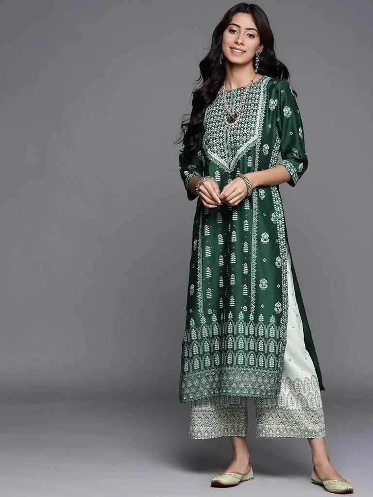 Libas Green Printed Chanderi Silk Kurta