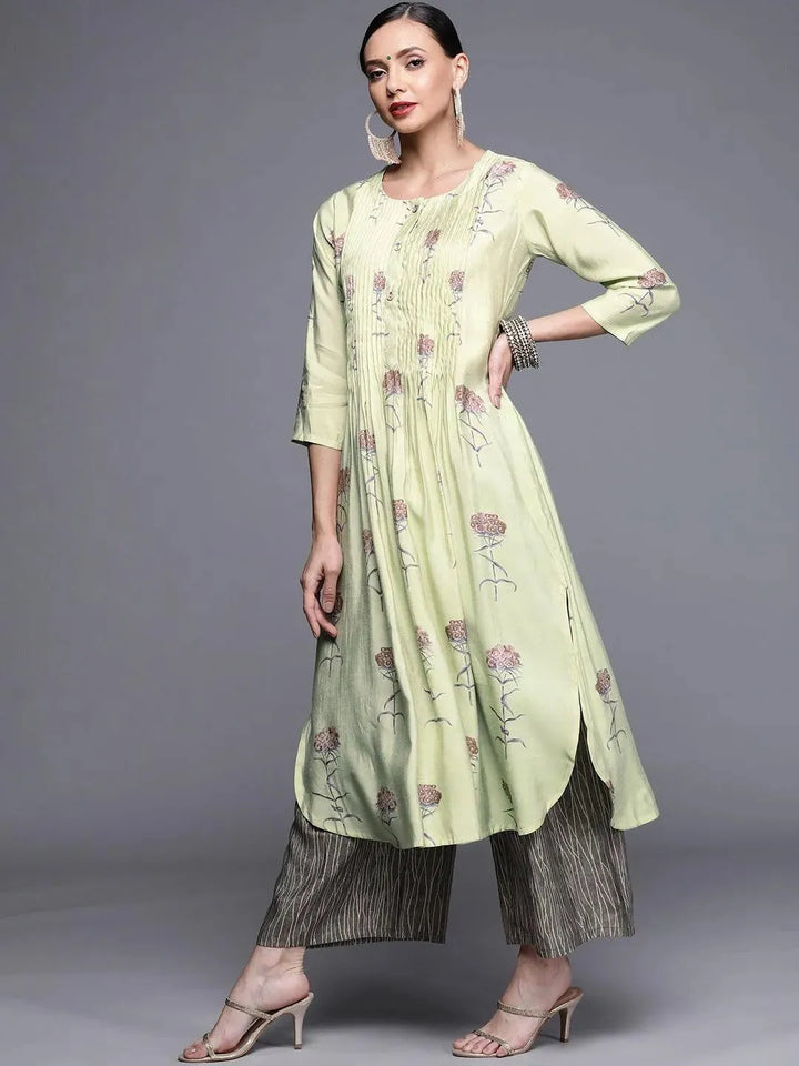 Green Printed Chanderi Silk Kurta - Libas