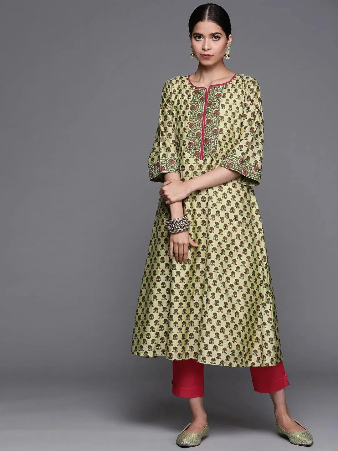 Green Printed Chanderi Silk Kurta - Libas