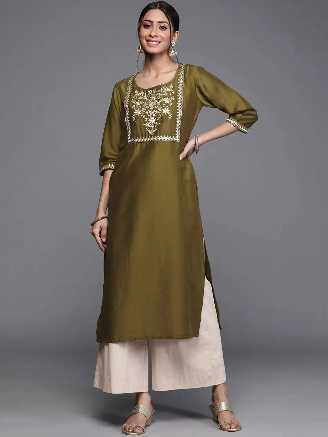 Green Printed Chanderi Silk Kurta - Libas