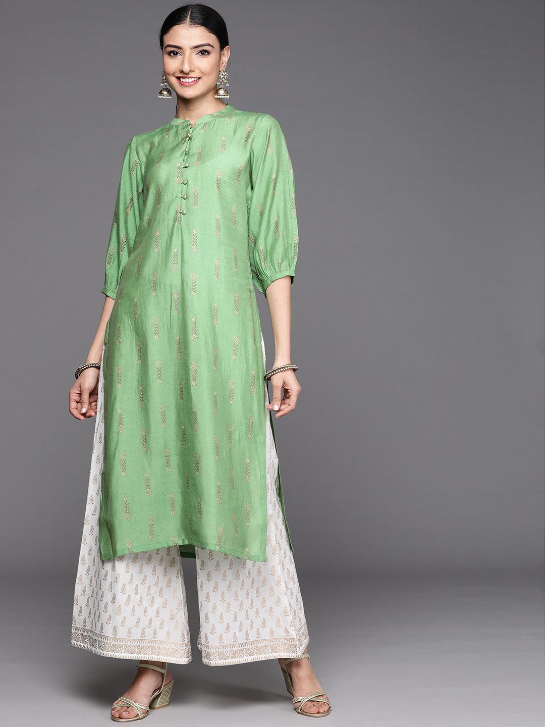 Green Printed Chanderi Silk Kurta