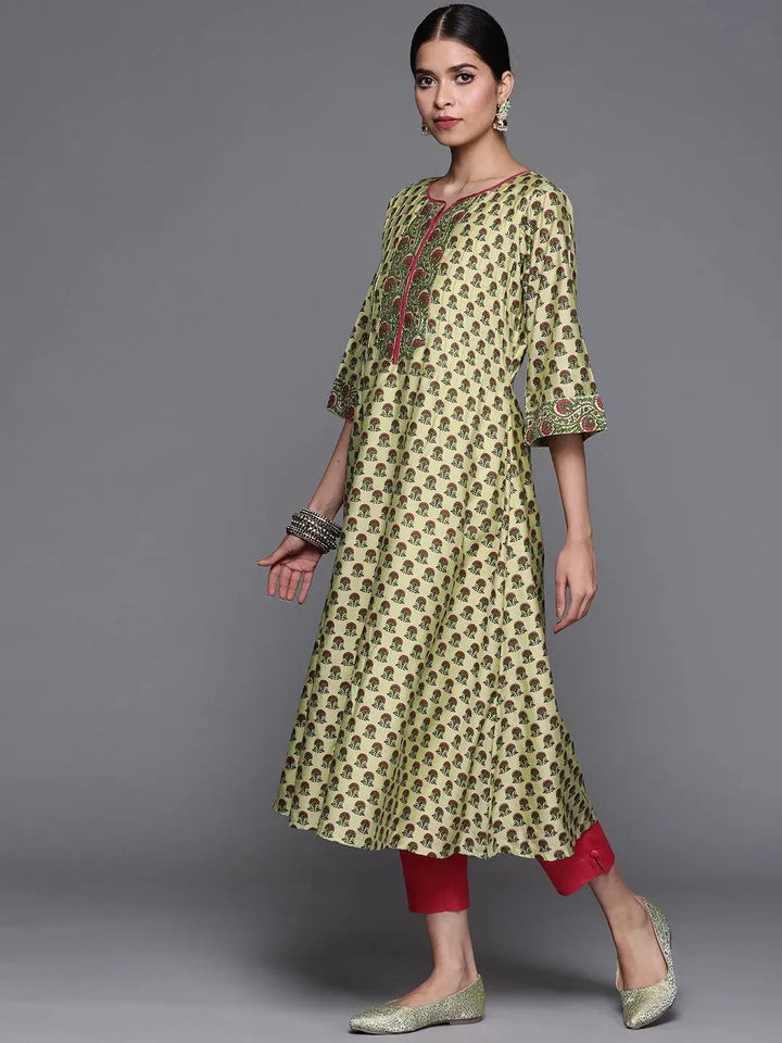 Green Printed Chanderi Silk Kurta - Libas