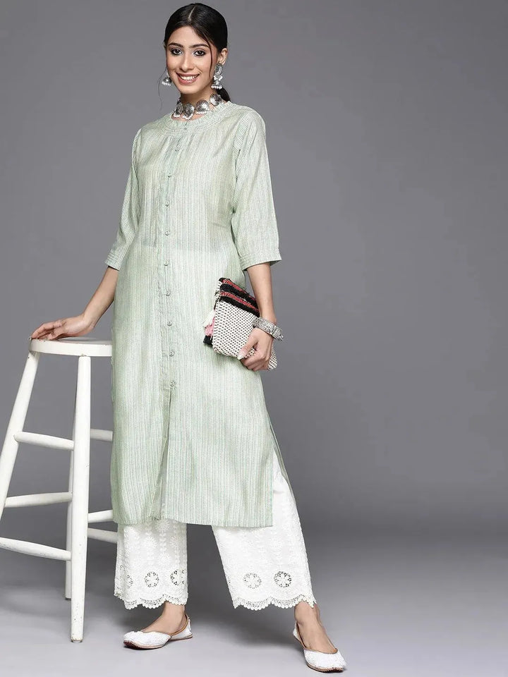 Green Printed Chanderi Silk Kurta - Libas