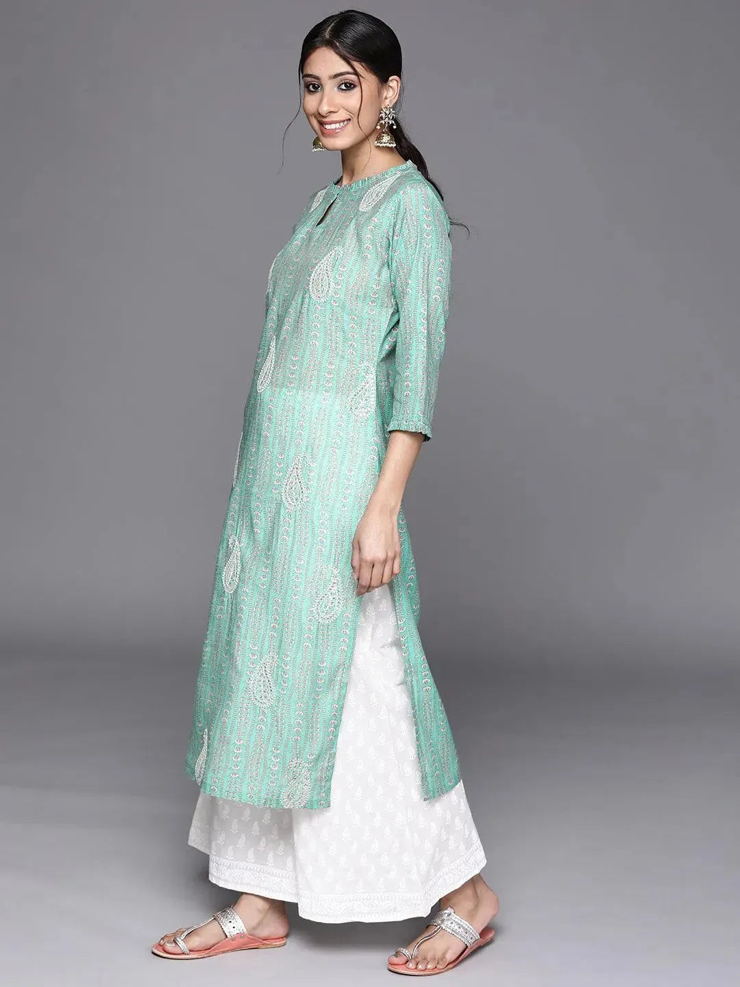 Green Printed Chanderi Silk Kurta - Libas 