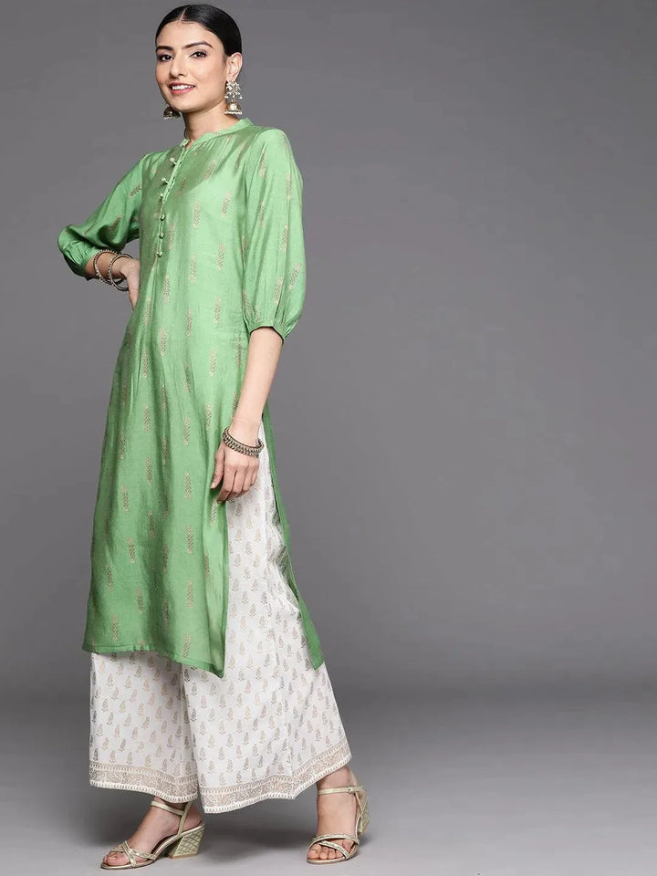 Green Printed Chanderi Silk Kurta - Libas