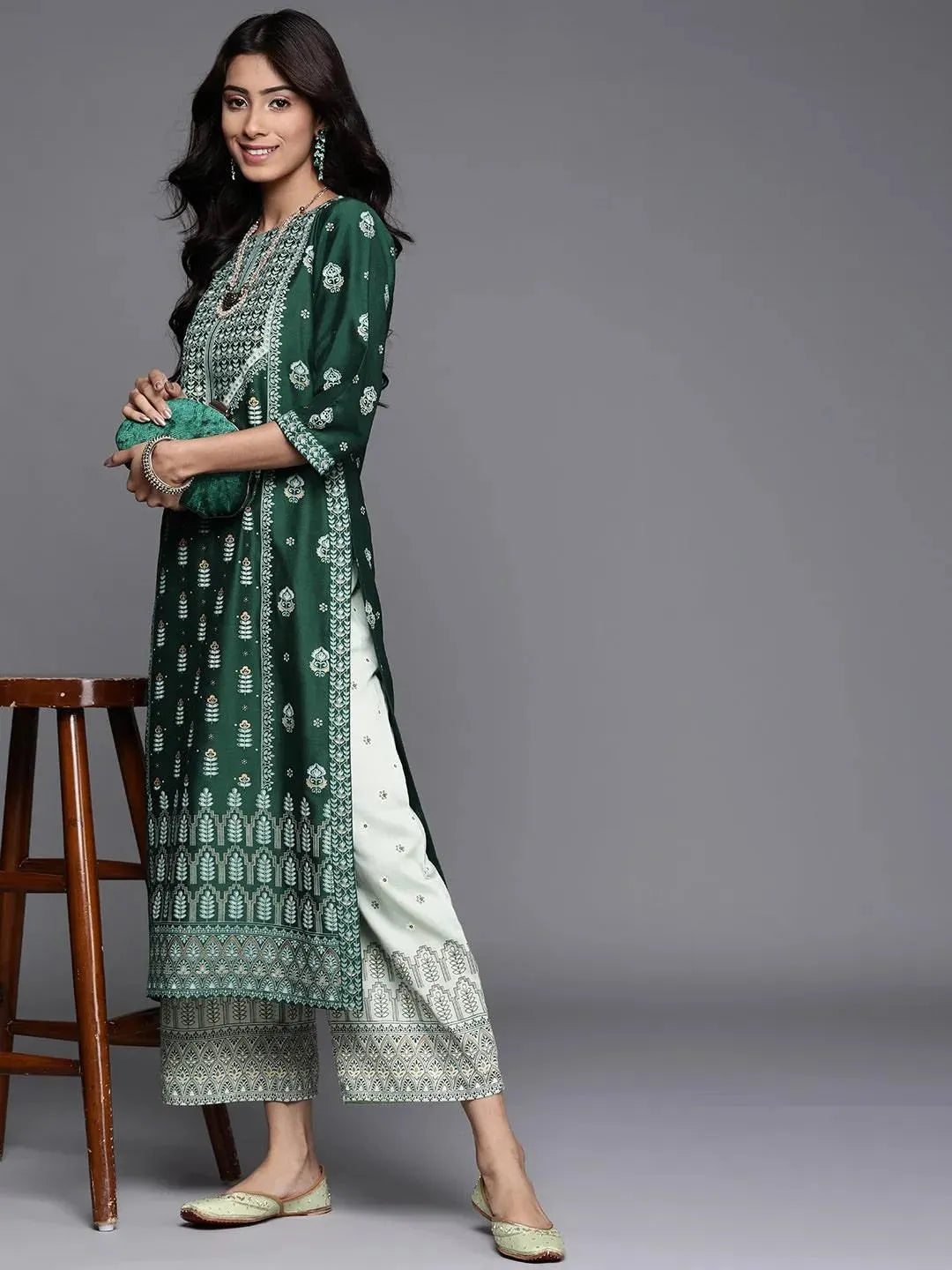 Green Printed Chanderi Silk Kurta - Libas 