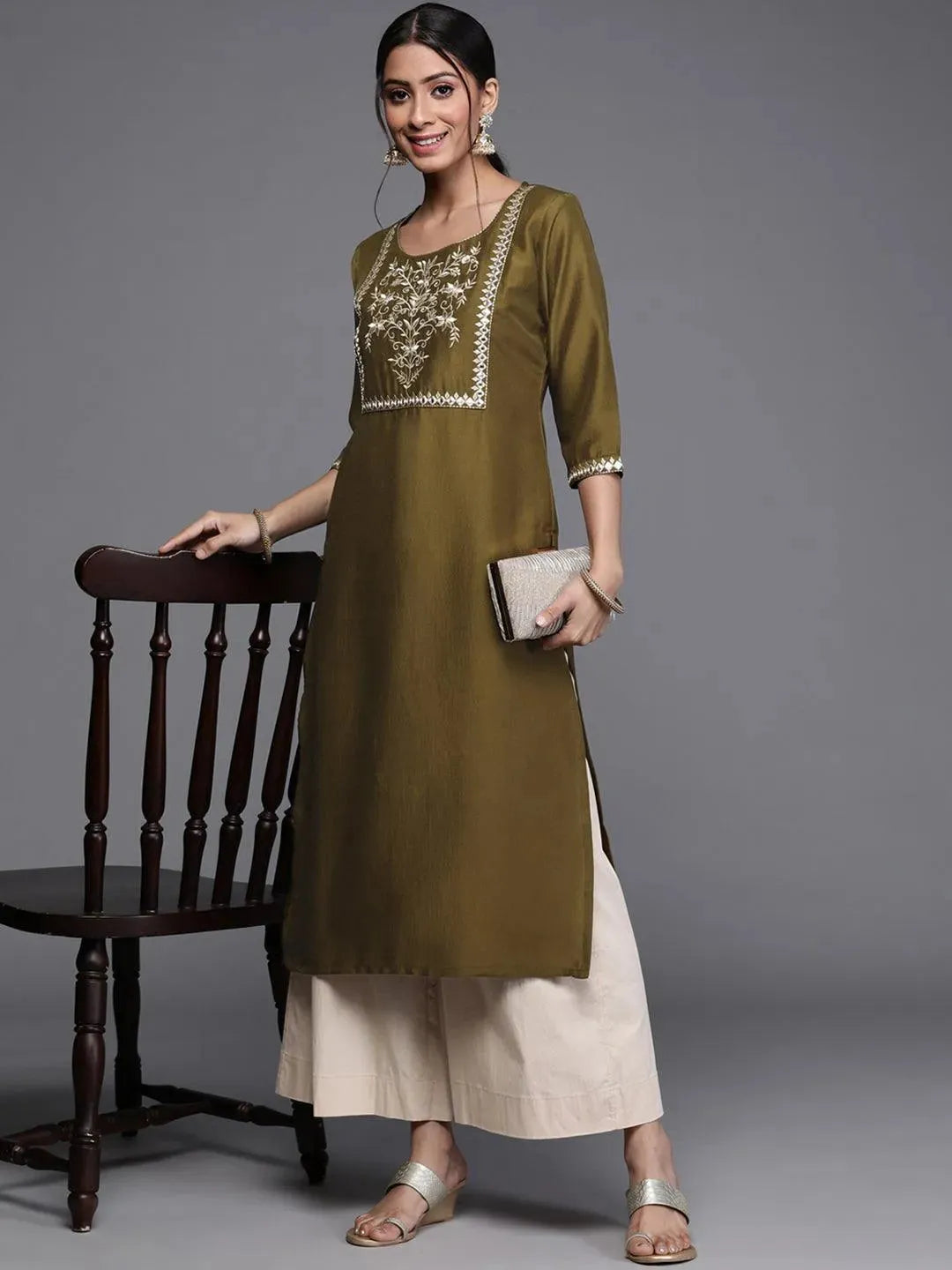 Green Printed Chanderi Silk Kurta - Libas 