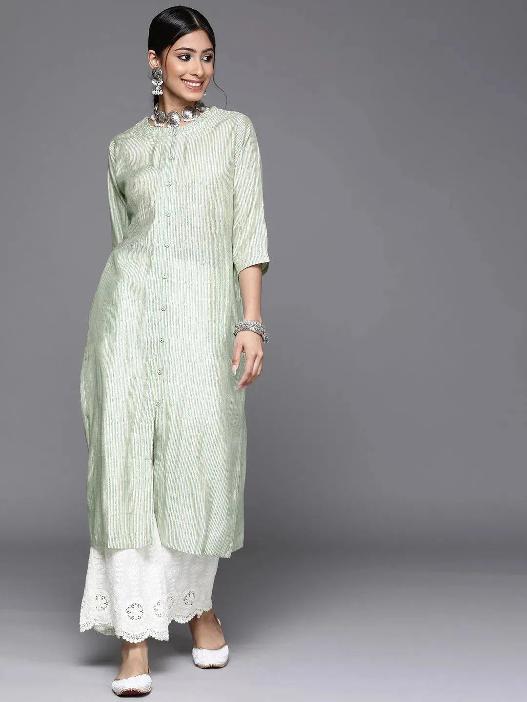 Green Printed Chanderi Silk Kurta - Libas