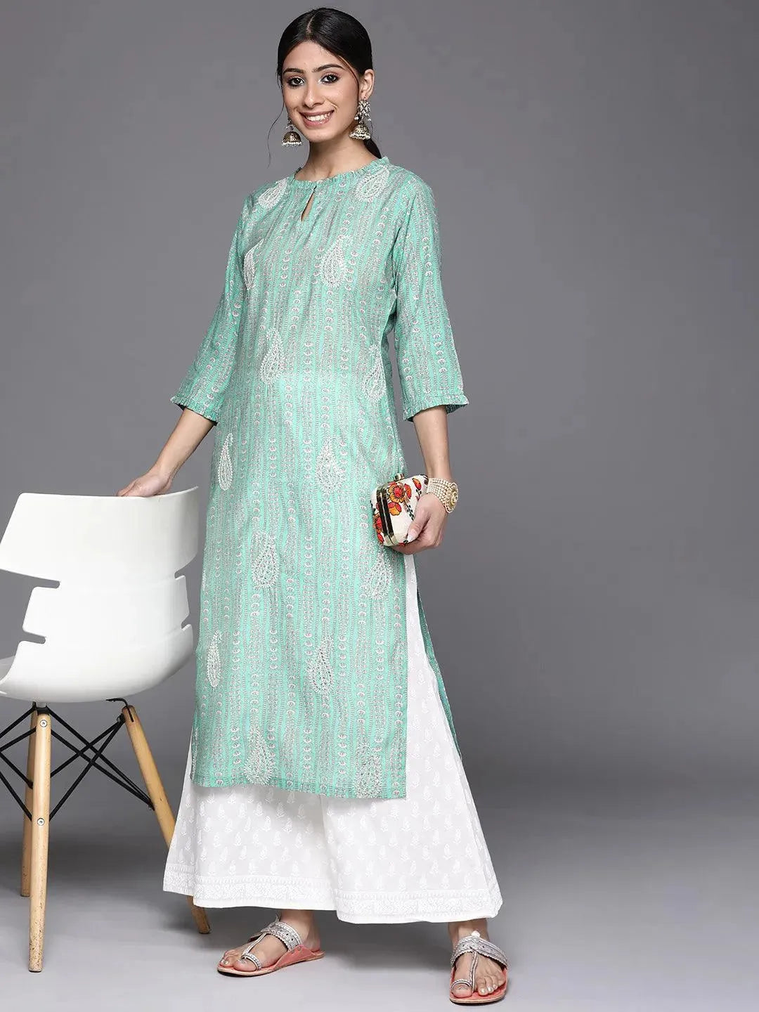 Green Printed Chanderi Silk Kurta - Libas